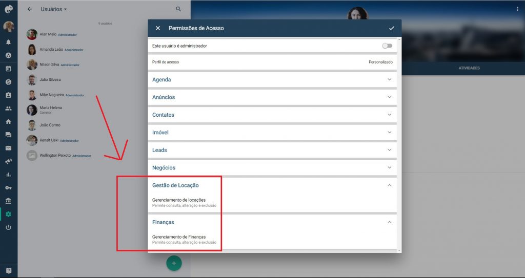 Definir permissões na Locação e FInanceiro