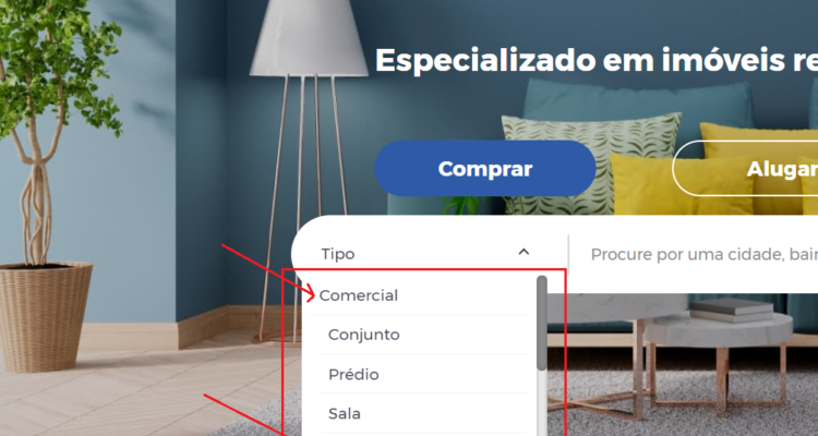 Agrupamento dos tipos no site da imobiliária por comercial, residencial e rural